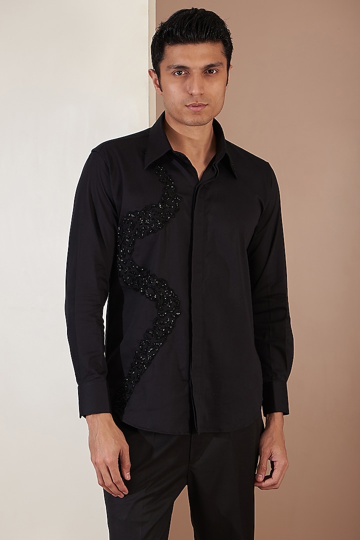 Black Orient Satin Machine Embroidered Shirt by Tarini Vij Men