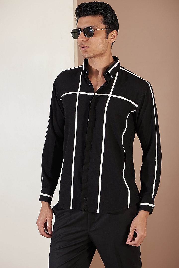 Black Crepe Party Wear Shirt by Tarini Vij Men at Pernia's Pop Up Shop
