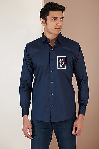 Blue Giza Cotton Embroidered Shirt by Tarini Vij Men