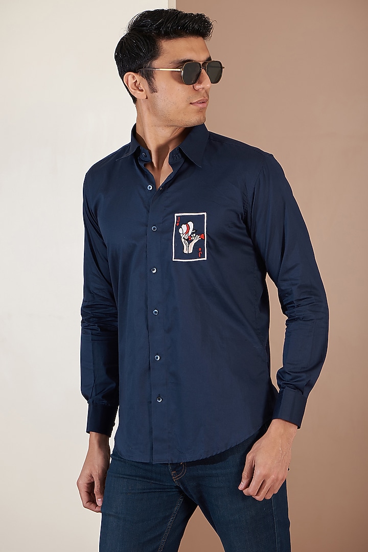 Blue Giza Cotton Embroidered Summer Shirt by Tarini Vij Men at Pernia's Pop Up Shop