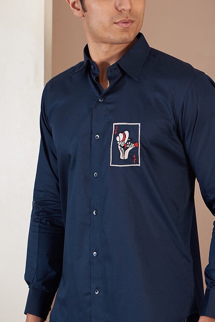 Blue Giza Cotton Embroidered Summer Shirt by Tarini Vij Men at Pernia's Pop Up Shop