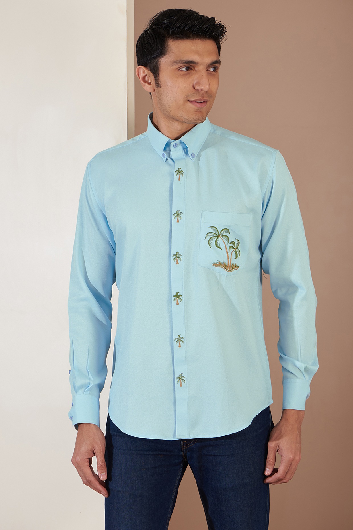Light Blue Crepe Embroidered Shirt by Tarini Vij Men at Pernia's