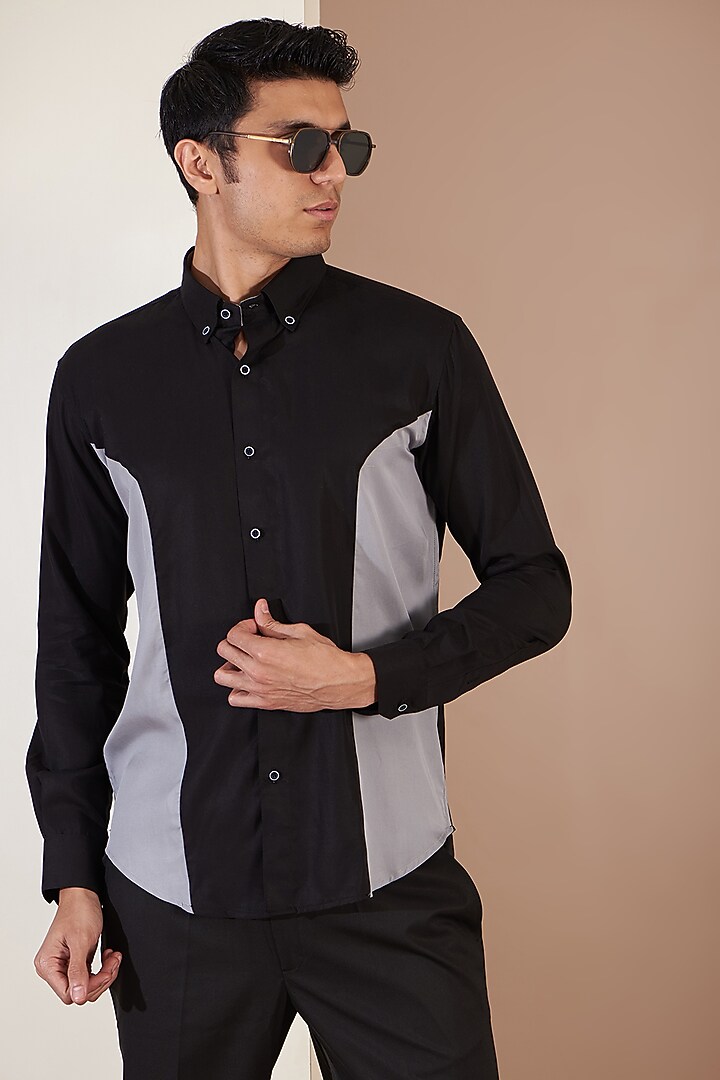 Grey & Black Tenzo Party Wear Shirt by Tarini Vij Men at Pernia's Pop Up Shop