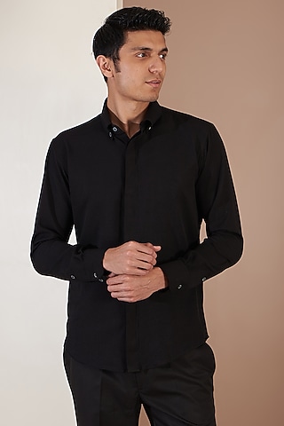 Black Crepe Embroidered Shirt by Tarini Vij Men