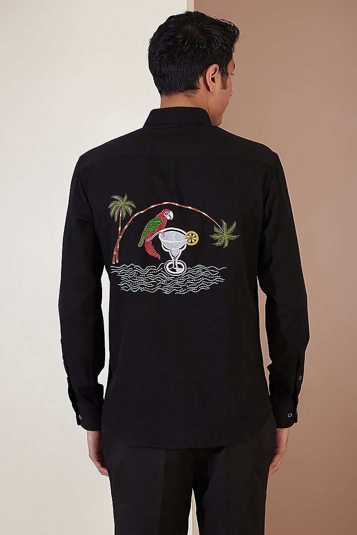 Black Crepe Embroidered Party Wear Shirt by Tarini Vij Men at Pernia's Pop Up Shop