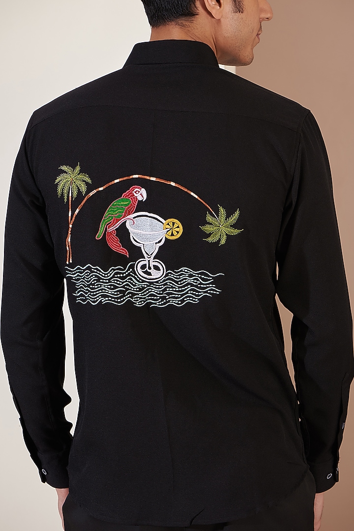 Black Crepe Embroidered Party Wear Shirt by Tarini Vij Men at Pernia's Pop Up Shop