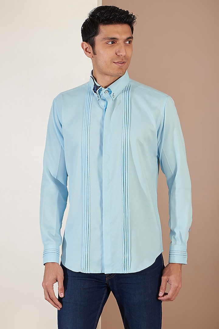 Light Blue Crepe Embroidered Shirt by Tarini Vij Men