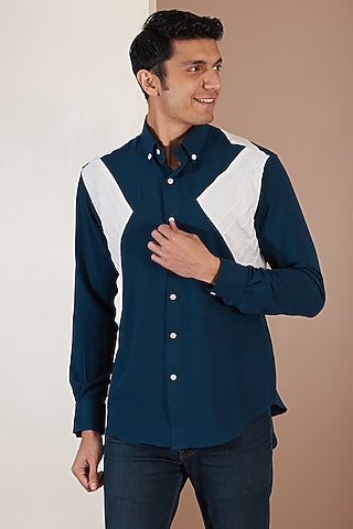 Navy Blue Crepe Shirt by Tarini Vij Men