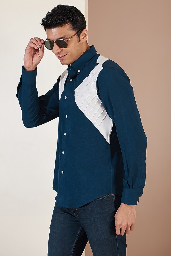 Navy Blue Crepe Party Wear Shirt by Tarini Vij Men at Pernia's Pop Up Shop