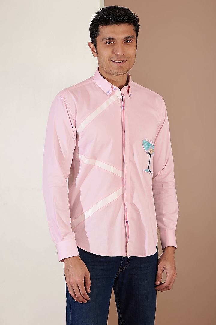 Light Pink Orient Satin Embroiered Shirt by Tarini Vij Men