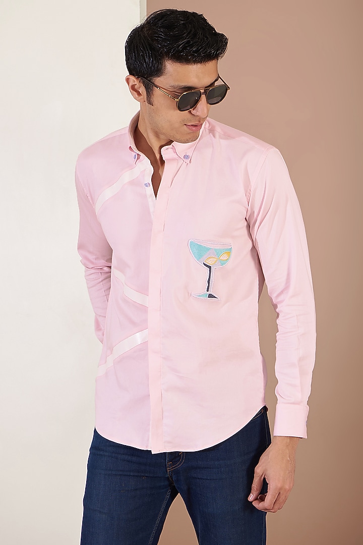 Light Pink Orient Satin Embroiered Party Wear Shirt by Tarini Vij Men at Pernia's Pop Up Shop