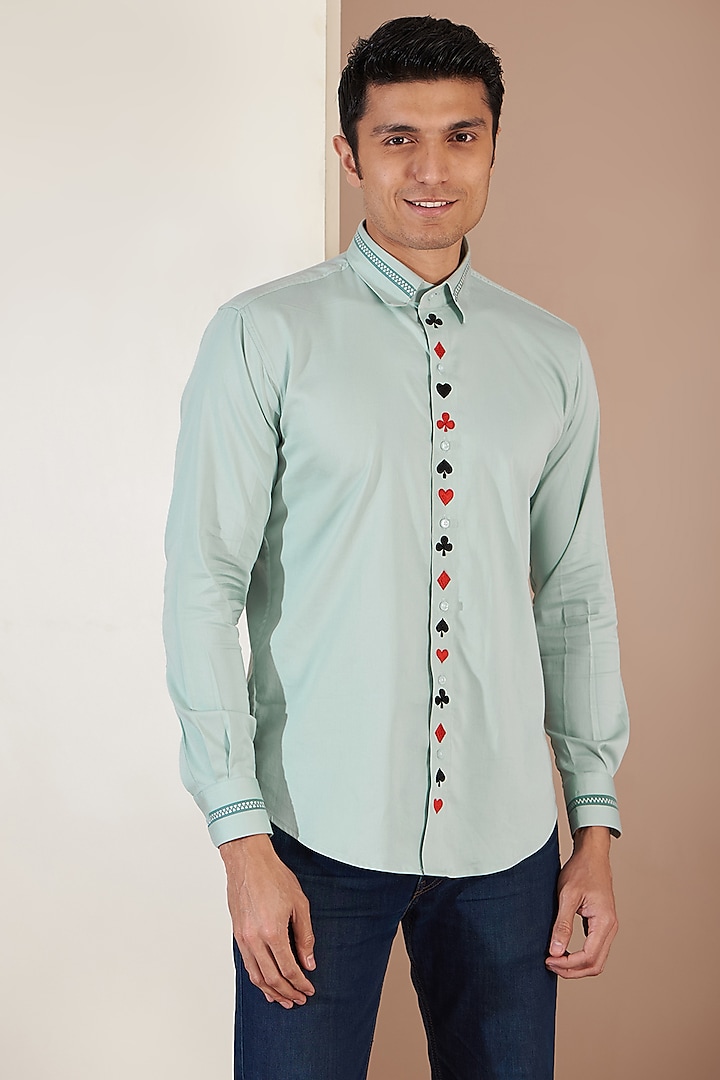 Turquoise Orient Stain Embroidered Shirt by Tarini Vij Men