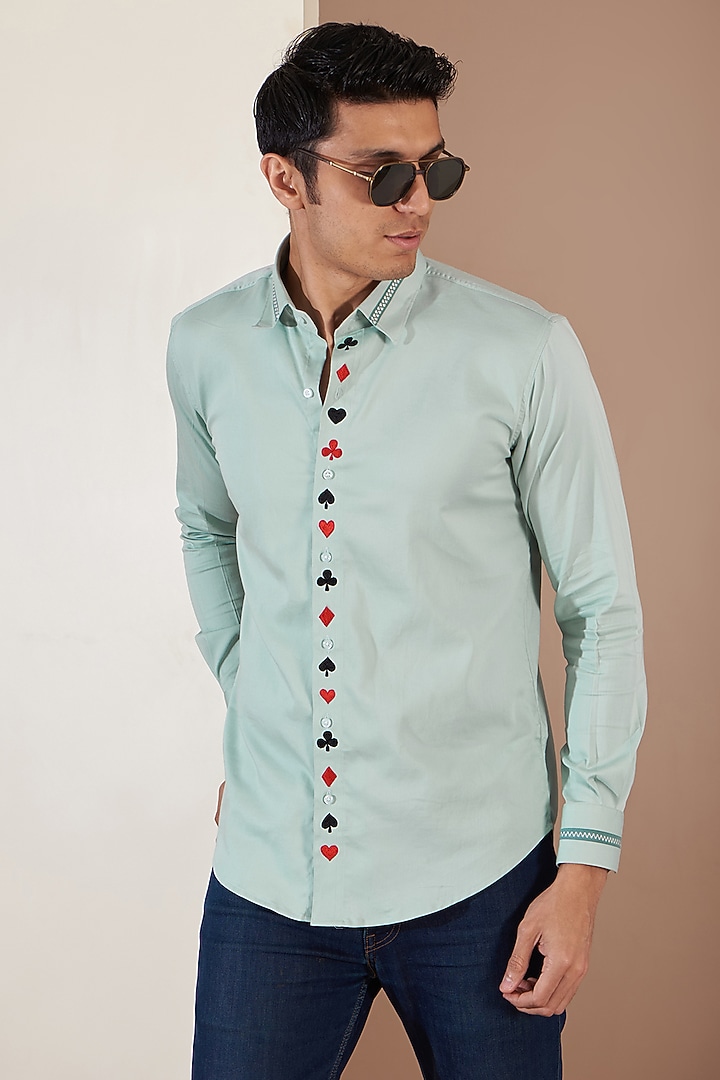 Turquoise Orient Stain Embroidered Summer Shirt by Tarini Vij Men at Pernia's Pop Up Shop