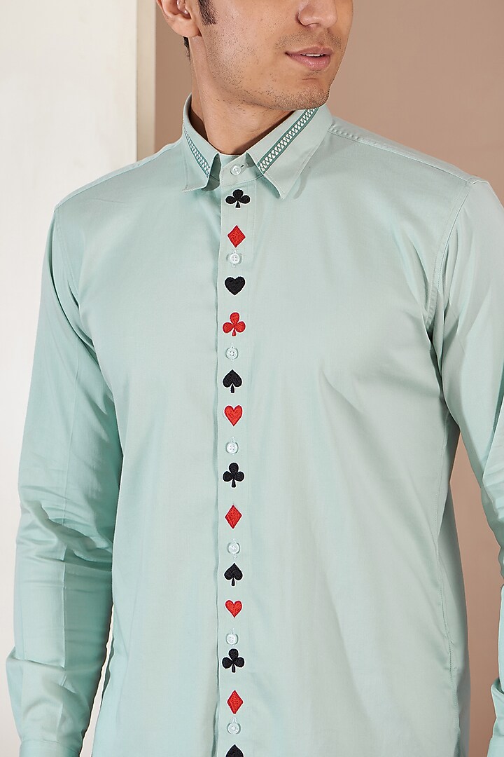 Turquoise Orient Stain Embroidered Summer Shirt by Tarini Vij Men at Pernia's Pop Up Shop