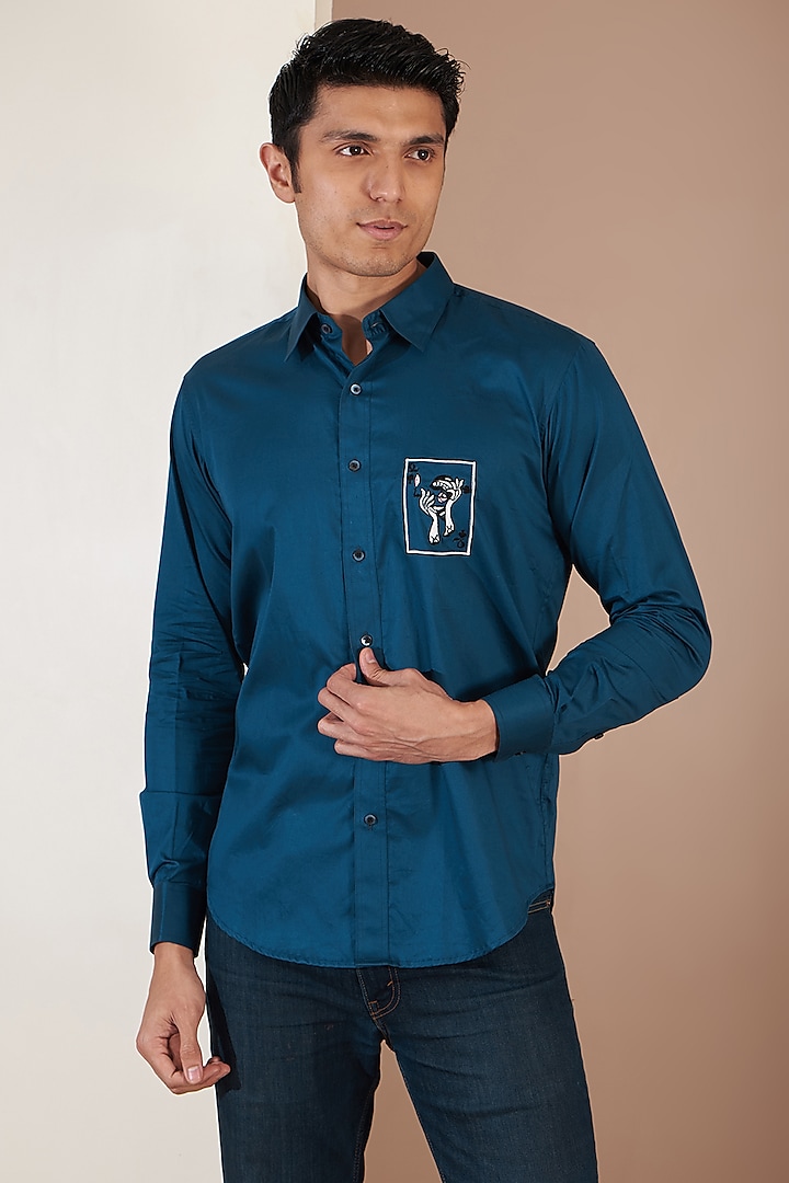 Royal Blue Giza Cotton Embroidered Shirt by Tarini Vij Men