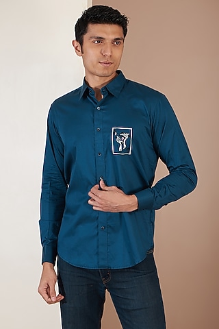 Royal Blue Giza Cotton Embroidered Shirt by Tarini Vij Men