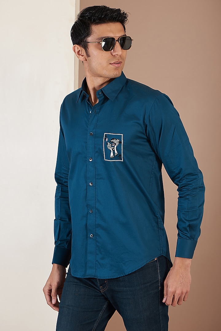 Royal Blue Giza Cotton Embroidered Summer Shirt by Tarini Vij Men at Pernia's Pop Up Shop