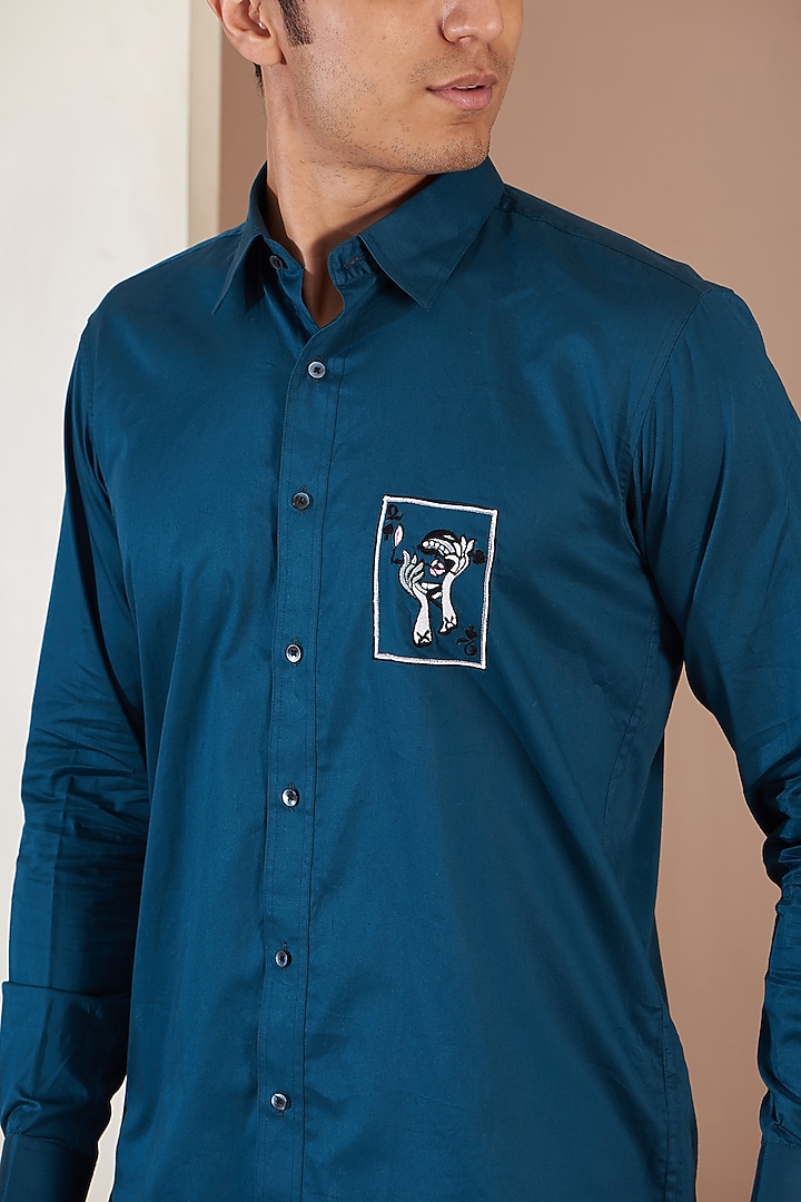 Royal Blue Giza Cotton Embroidered Summer Shirt by Tarini Vij Men at Pernia's Pop Up Shop