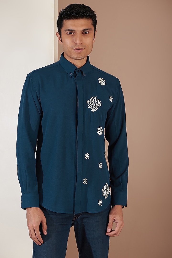Blue Crpe Embroidered Shirt by Tarini Vij Men