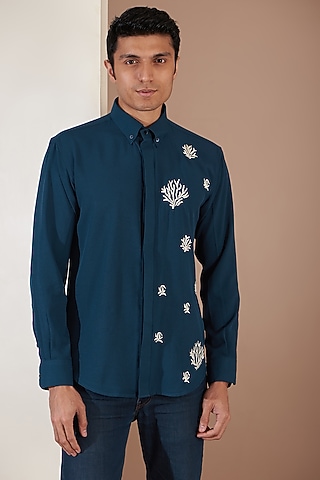 Blue Crpe Embroidered Shirt by Tarini Vij Men