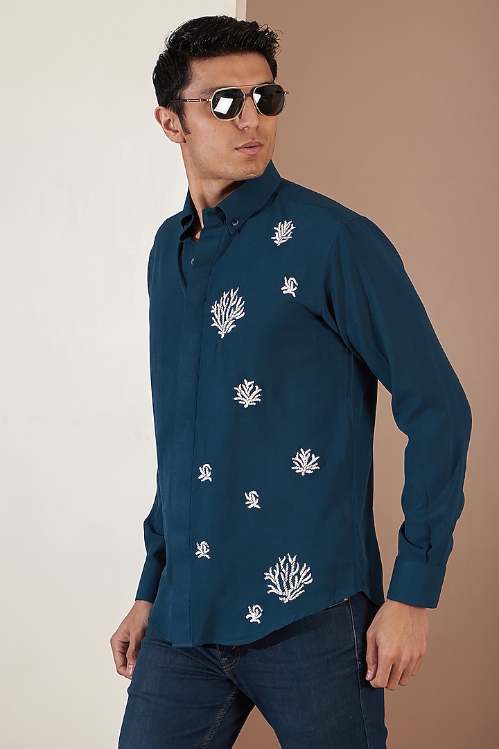 Blue Crpe Embroidered Party Wear Shirt by Tarini Vij Men at Pernia's Pop Up Shop