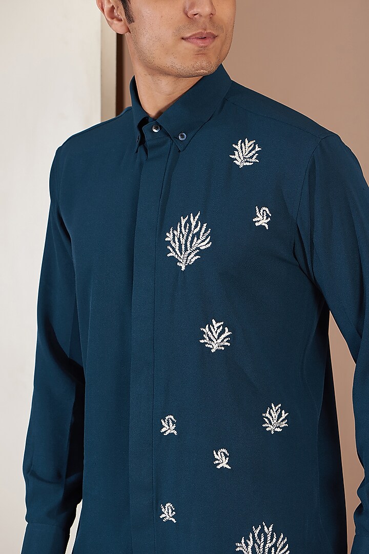 Blue Crpe Embroidered Party Wear Shirt by Tarini Vij Men at Pernia's Pop Up Shop