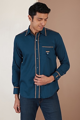 Navy Blue Orient Satin Shirt by Tarini Vij Men