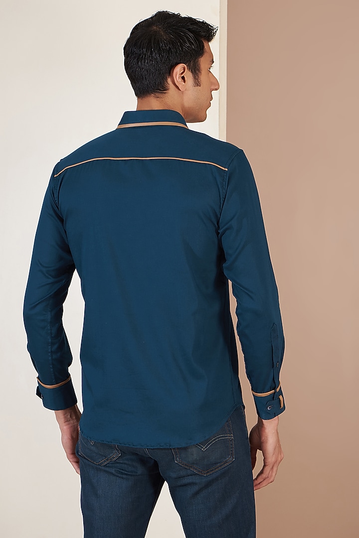 Navy Blue Orient Satin Summer Shirt by Tarini Vij Men at Pernia's Pop Up Shop