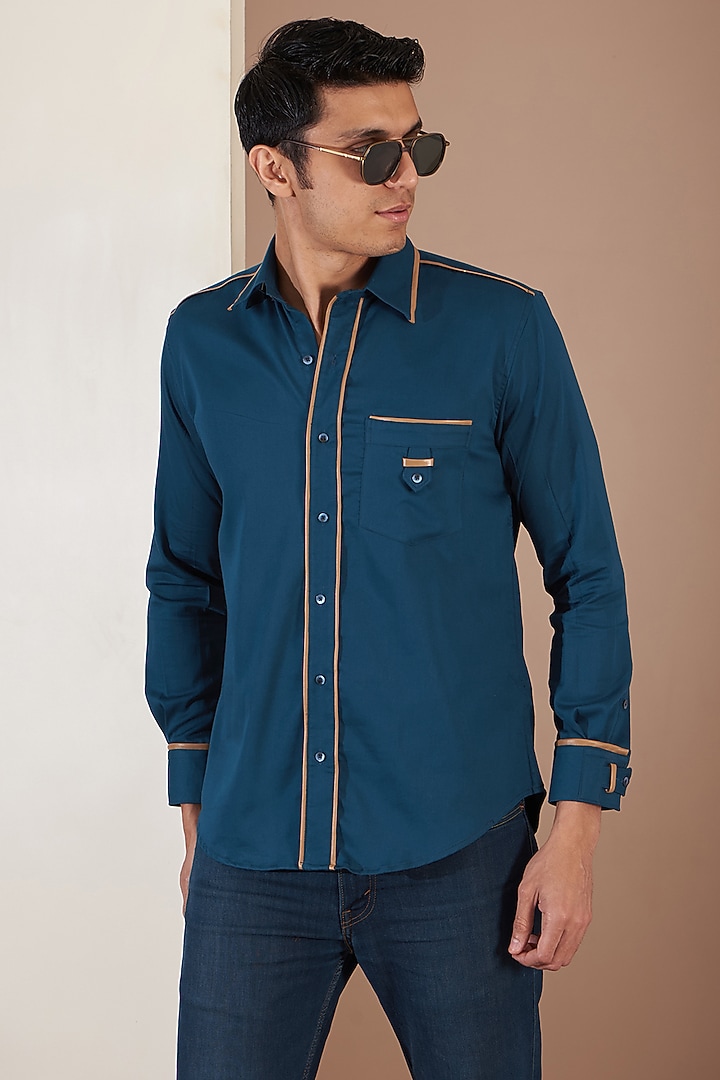 Navy Blue Orient Satin Summer Shirt by Tarini Vij Men at Pernia's Pop Up Shop
