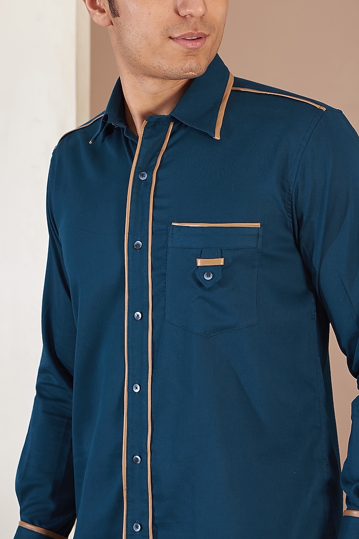 Navy Blue Orient Satin Summer Shirt by Tarini Vij Men at Pernia's Pop Up Shop