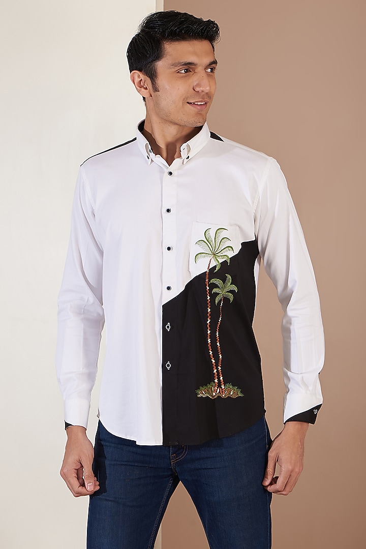 White Orient Satin Embroidered Shirt by Tarini Vij Men