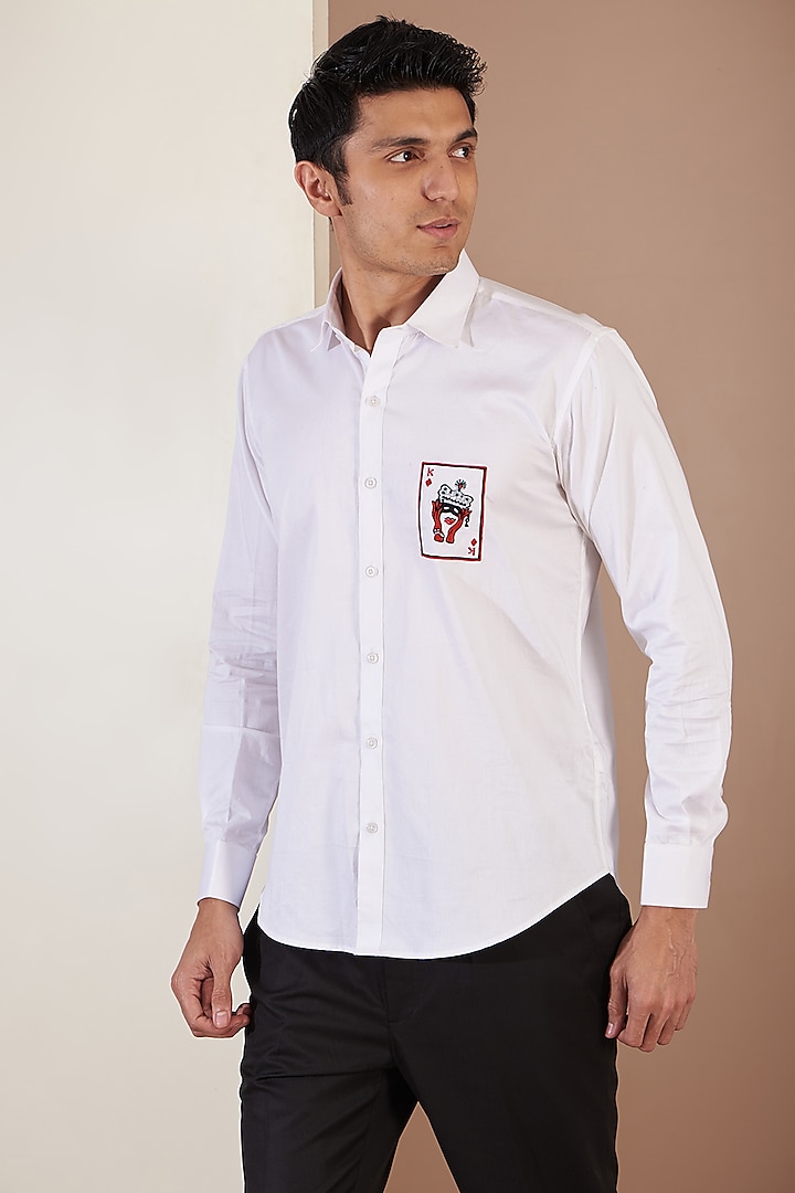 White Giza Cotton Embroidered Shirt by Tarini Vij Men