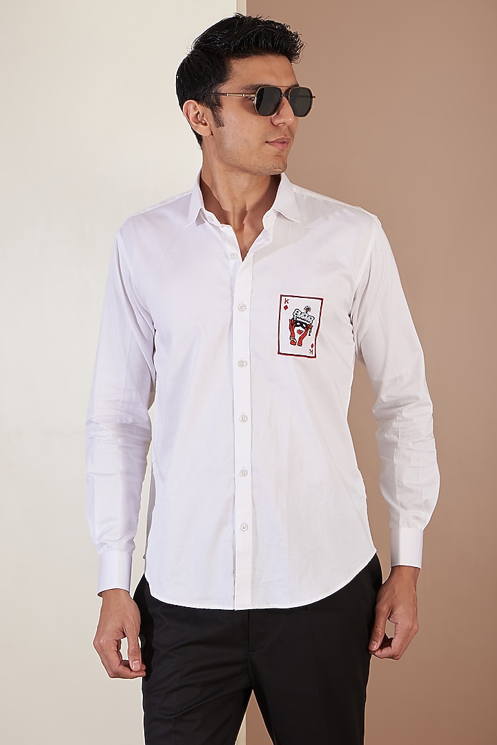 White Giza Cotton Embroidered Summer Shirt by Tarini Vij Men at Pernia's Pop Up Shop