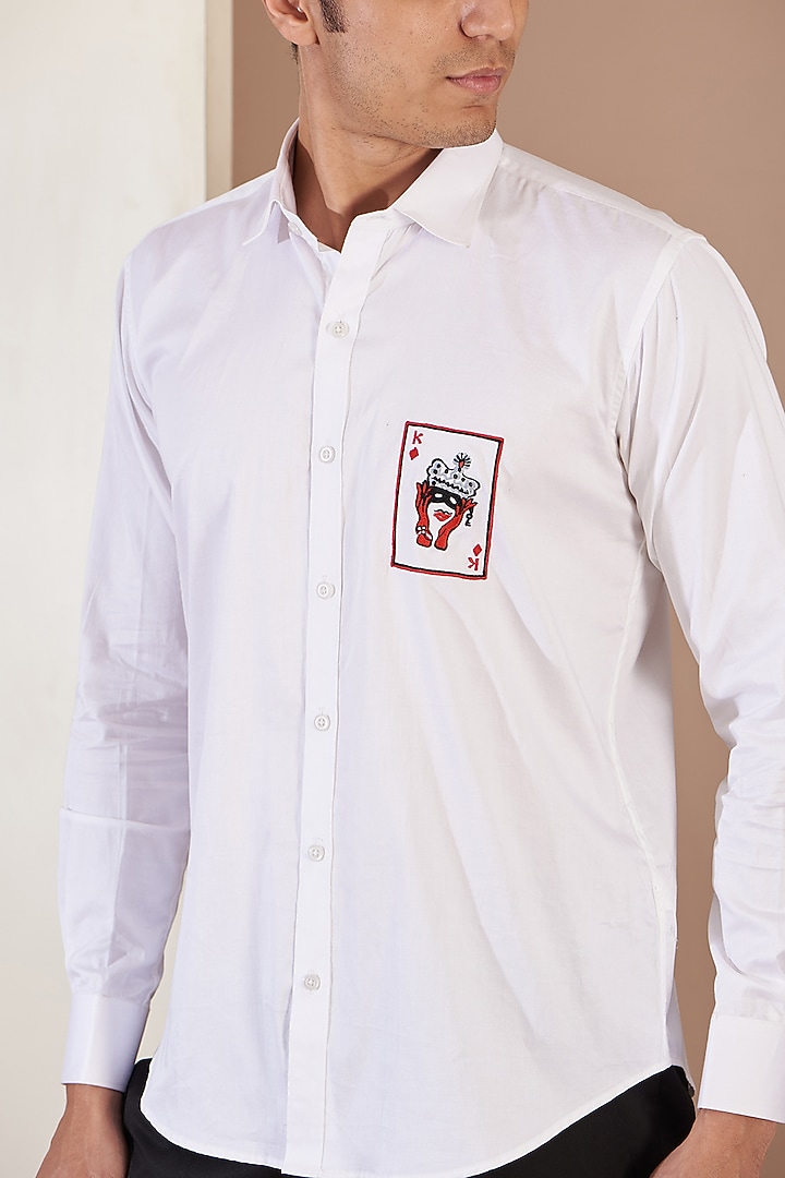 White Giza Cotton Embroidered Summer Shirt by Tarini Vij Men at Pernia's Pop Up Shop