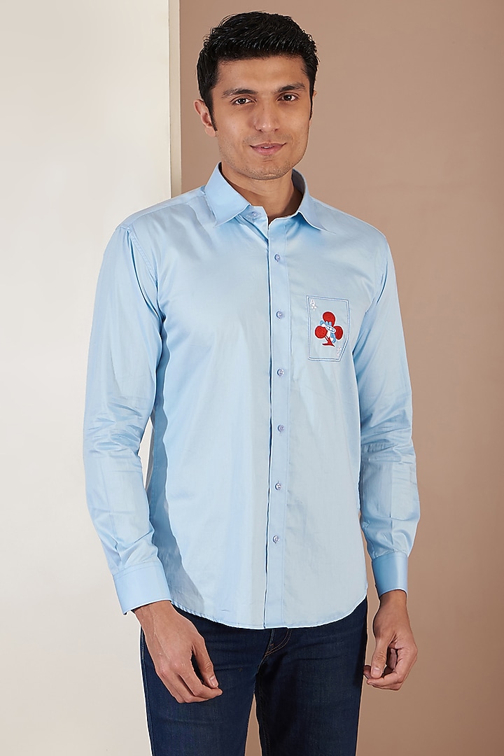 Light Blue Giza Cotton Embroidered Shirt by Tarini Vij Men