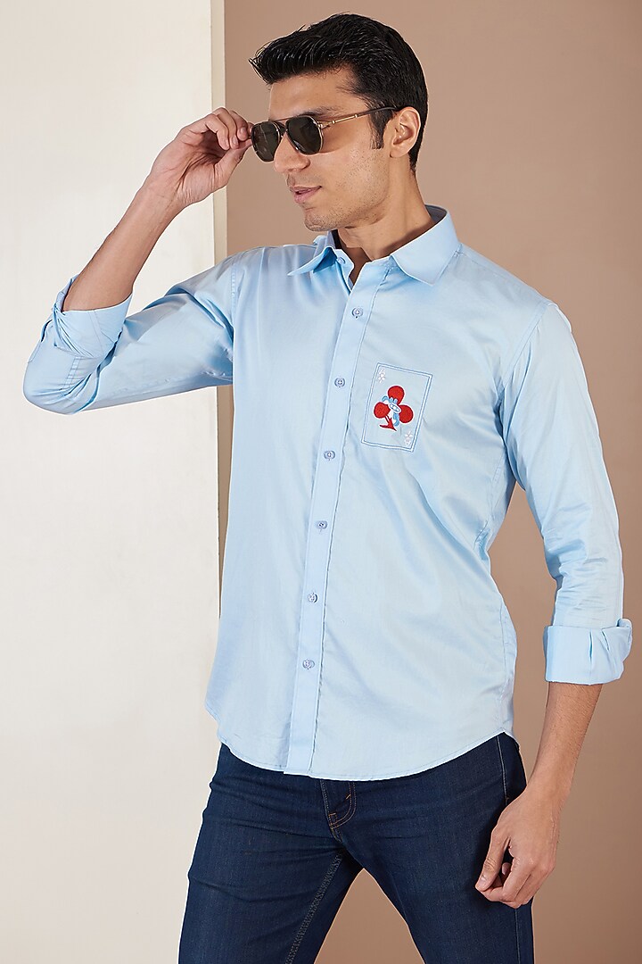 Light Blue Giza Cotton Embroidered Summer Shirt by Tarini Vij Men at Pernia's Pop Up Shop