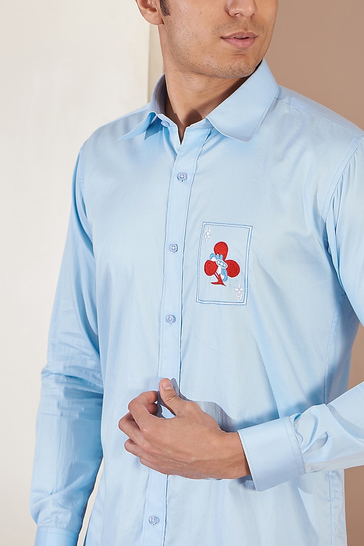 Light Blue Giza Cotton Embroidered Summer Shirt by Tarini Vij Men at Pernia's Pop Up Shop
