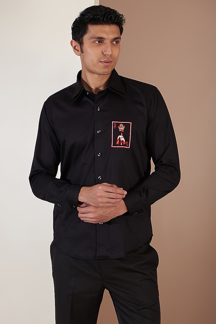 Black Giza Cotton Embroidered Shirt by Tarini Vij Men