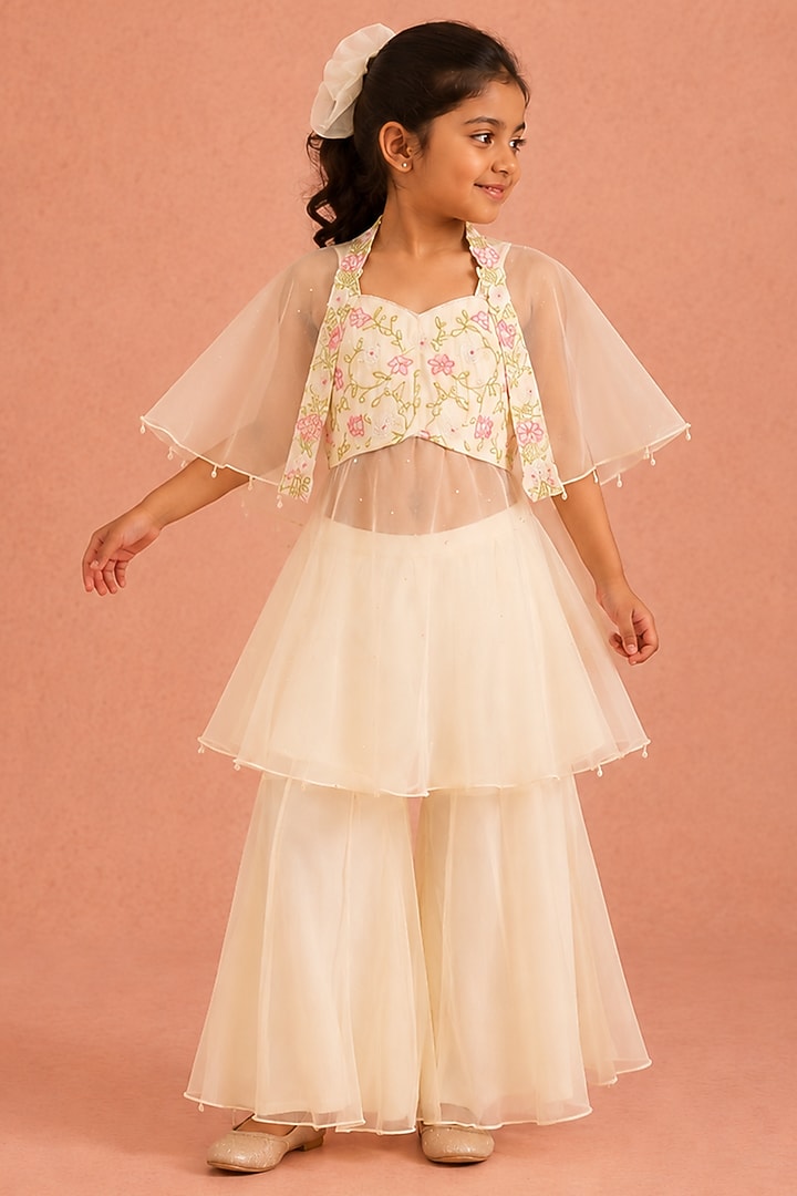 Ivory Organza Floral Embroidered Sharara Set For Girls by Tarini Vij Kids at Pernia's Pop Up Shop