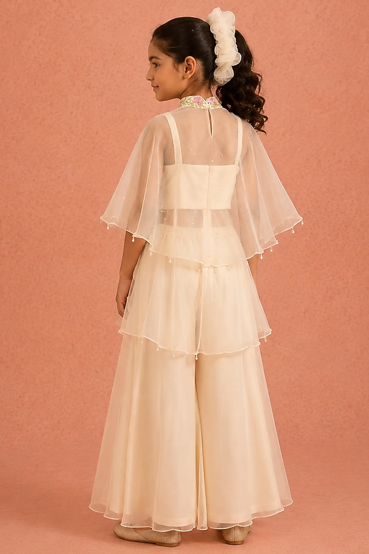 Ivory Organza Floral Embroidered Sharara Set For Girls by Tarini Vij Kids at Pernia's Pop Up Shop