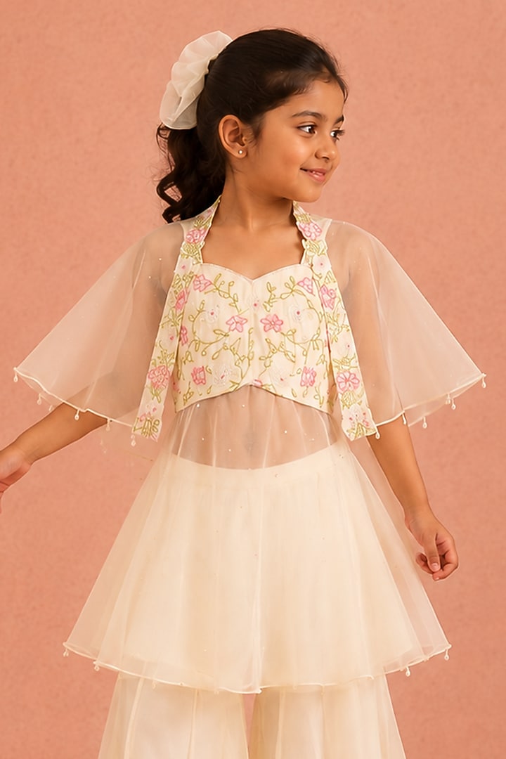 Ivory Organza Floral Embroidered Sharara Set For Girls by Tarini Vij Kids at Pernia's Pop Up Shop