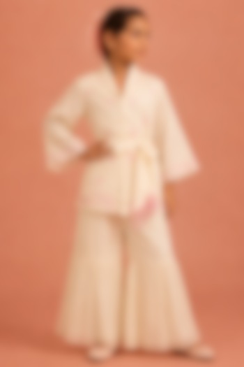 Off-White Shimmer Chiffon Floral Embroidered Gharara Set For Girls by Tarini Vij Kids at Pernia's Pop Up Shop