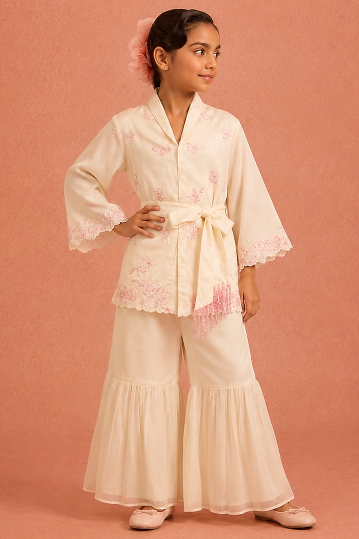 Off-White Shimmer Chiffon Floral Embroidered Gharara Set For Girls by Tarini Vij Kids at Pernia's Pop Up Shop