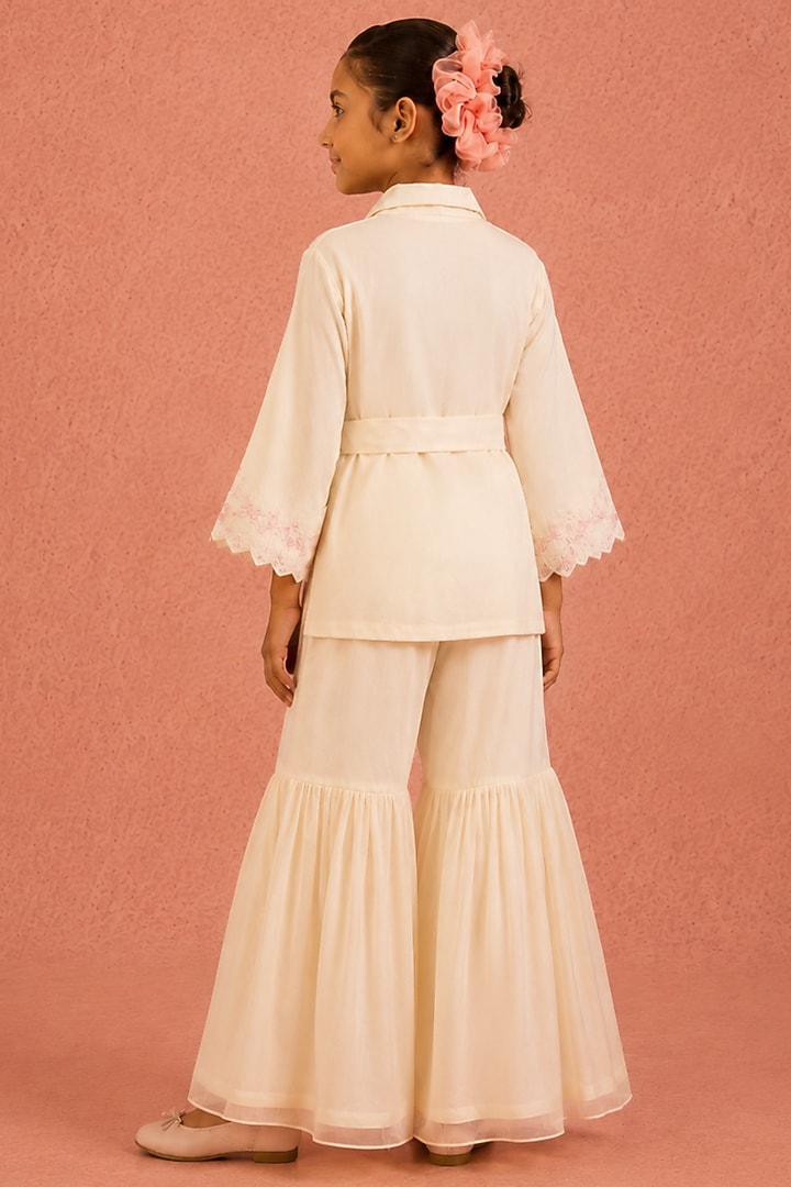 Off-White Shimmer Chiffon Floral Embroidered Gharara Set For Girls by Tarini Vij Kids at Pernia's Pop Up Shop