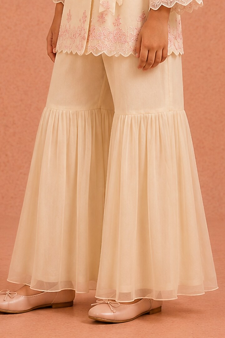 Off-White Shimmer Chiffon Floral Embroidered Gharara Set For Girls by Tarini Vij Kids at Pernia's Pop Up Shop