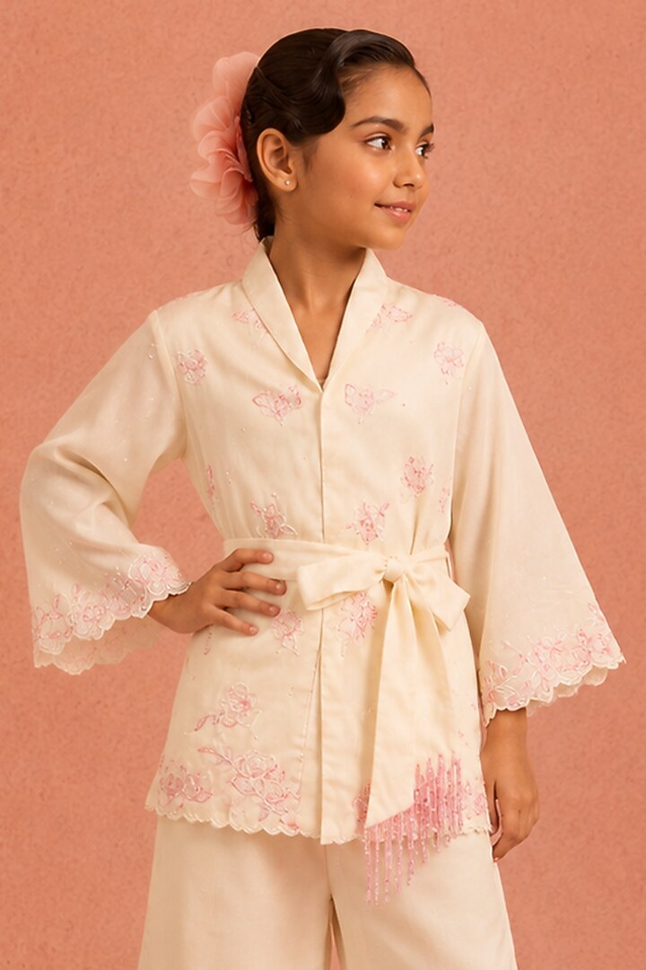 Off-White Shimmer Chiffon Floral Embroidered Gharara Set For Girls by Tarini Vij Kids at Pernia's Pop Up Shop