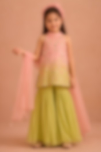 Mint & Pink Ombre Shimmer Chiffon Hand Embroidered Gharara Set For Girls by Tarini Vij Kids at Pernia's Pop Up Shop