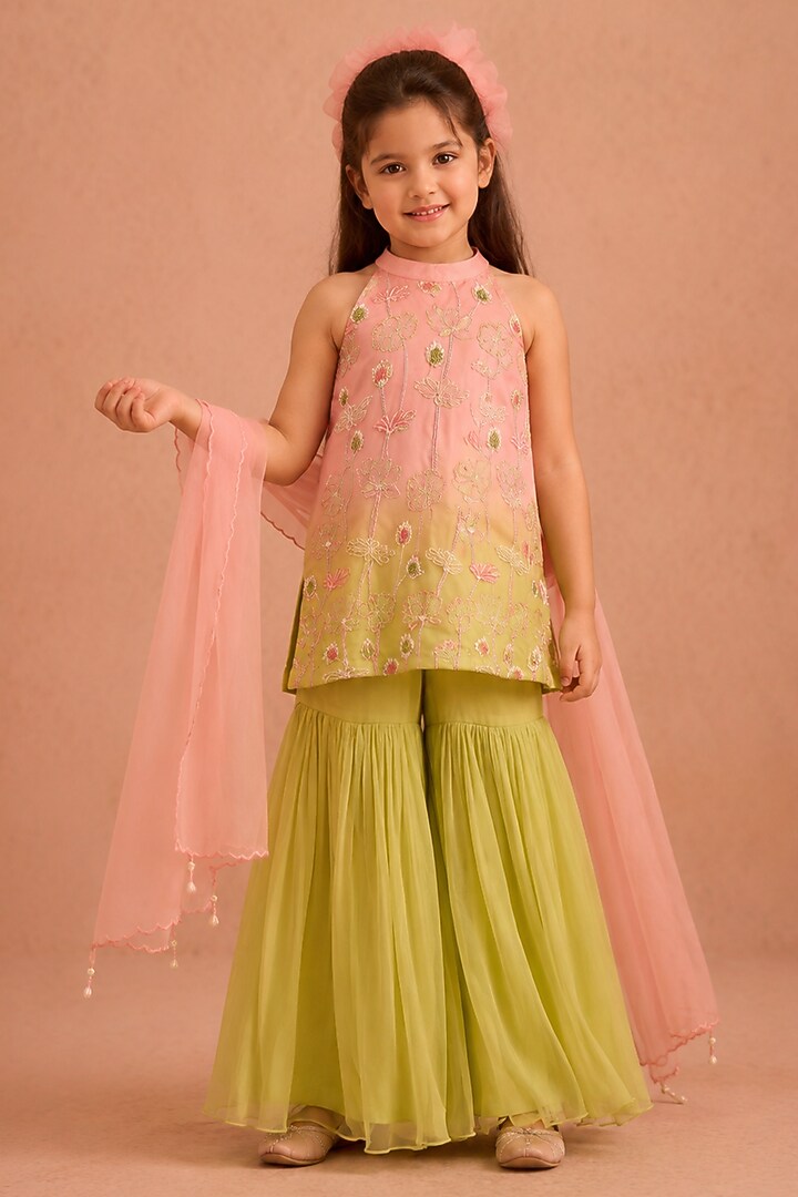 Mint & Pink Ombre Shimmer Chiffon Hand Embroidered Gharara Set For Girls by Tarini Vij Kids at Pernia's Pop Up Shop