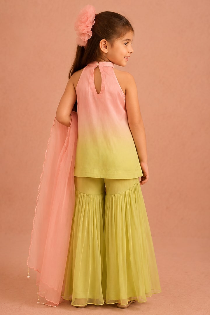 Mint & Pink Ombre Shimmer Chiffon Hand Embroidered Gharara Set For Girls by Tarini Vij Kids at Pernia's Pop Up Shop