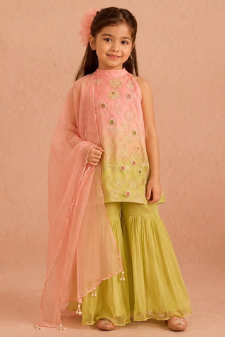 Mint & Pink Ombre Shimmer Chiffon Hand Embroidered Gharara Set For Girls by Tarini Vij Kids at Pernia's Pop Up Shop